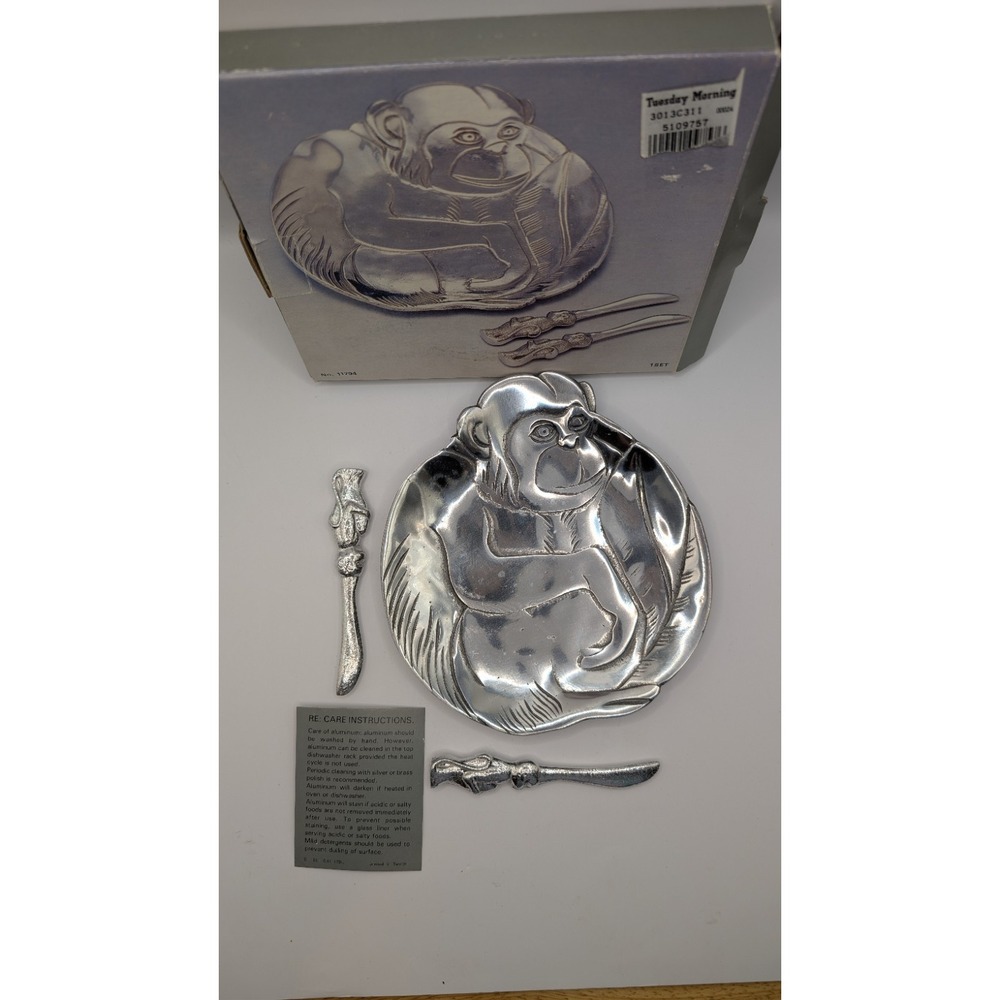 Vintage Monkey Metal Cheese Board & Spreader Set Silver Tone Animal Serving Tray